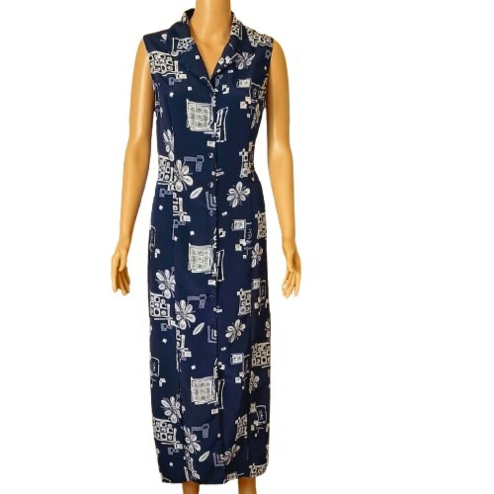 Women's Floral Maxi Shirt Dress 12 Vintage Sleeveless 2 Front Slits Back Tie